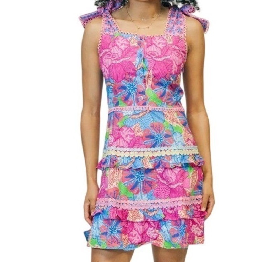 $264 Marie by Victoria Dunn Naomi Mini Dress Cotton Candy Floral Tiered Tie NWT
